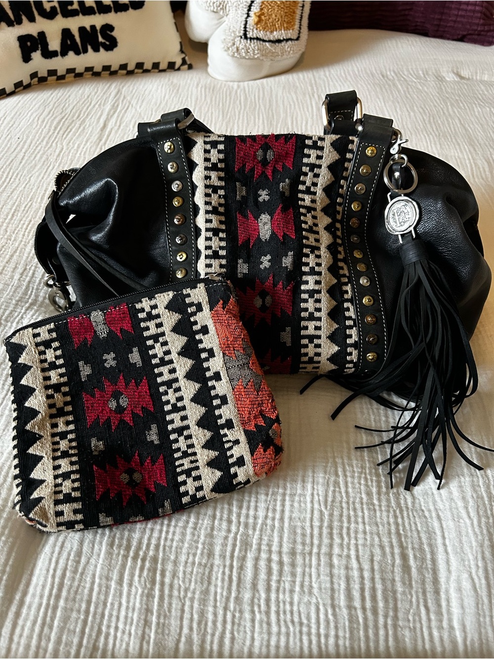 Firenze Bella Black Leather Hobo Bag with Aztec Accent and Matching Pouch